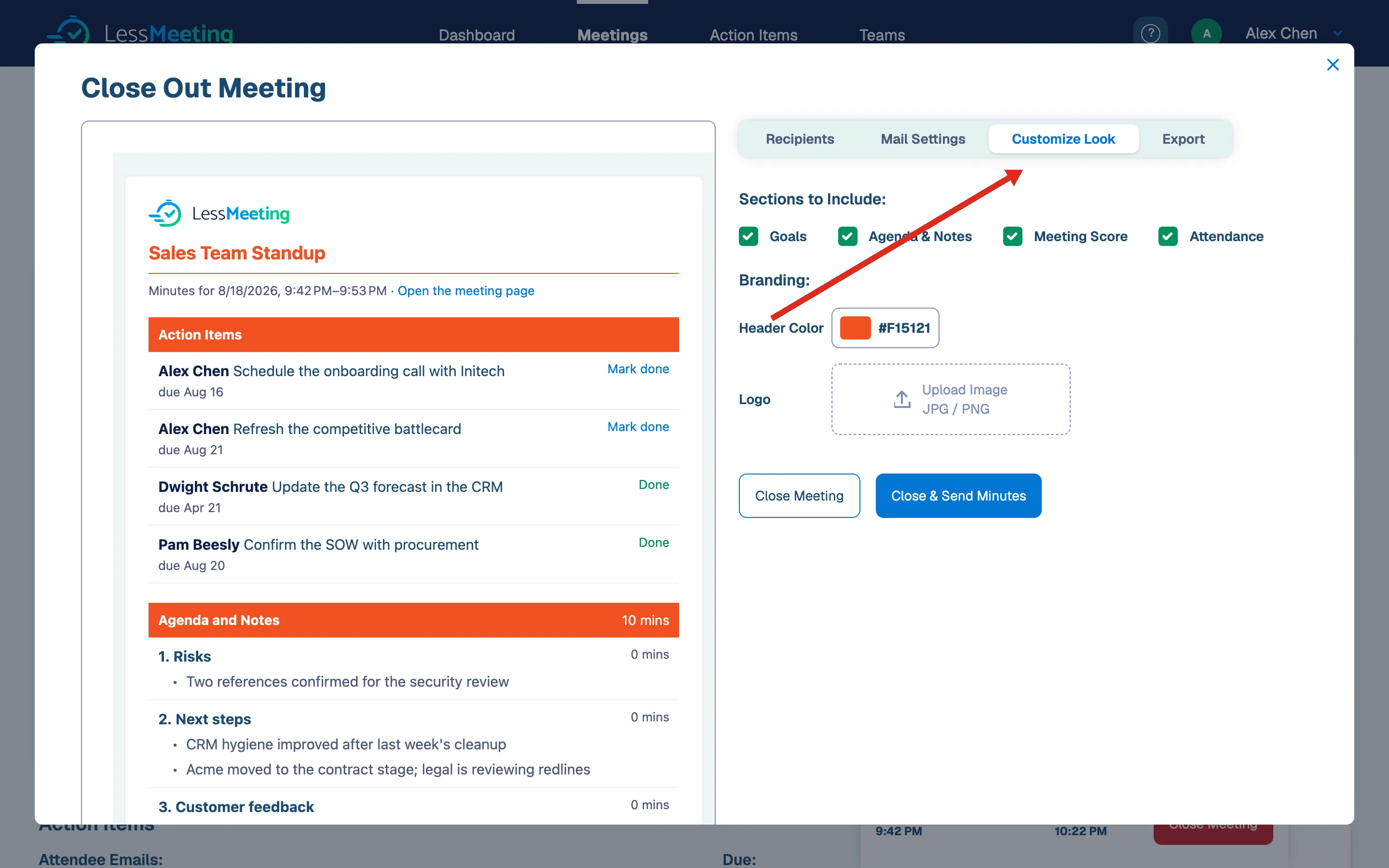 Meeting closeout window with the show customizations link