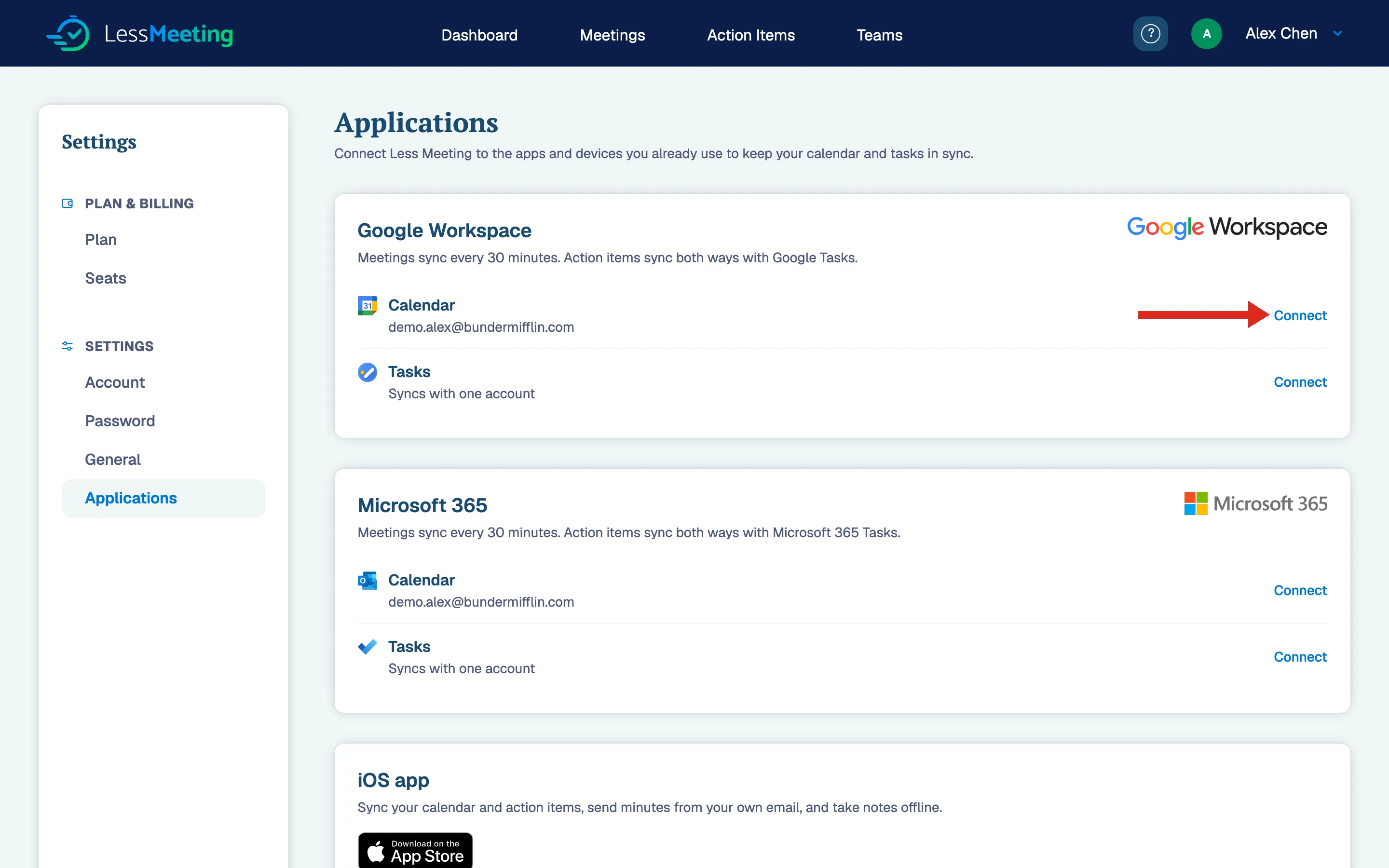 Google Workspace section on the Applications settings page