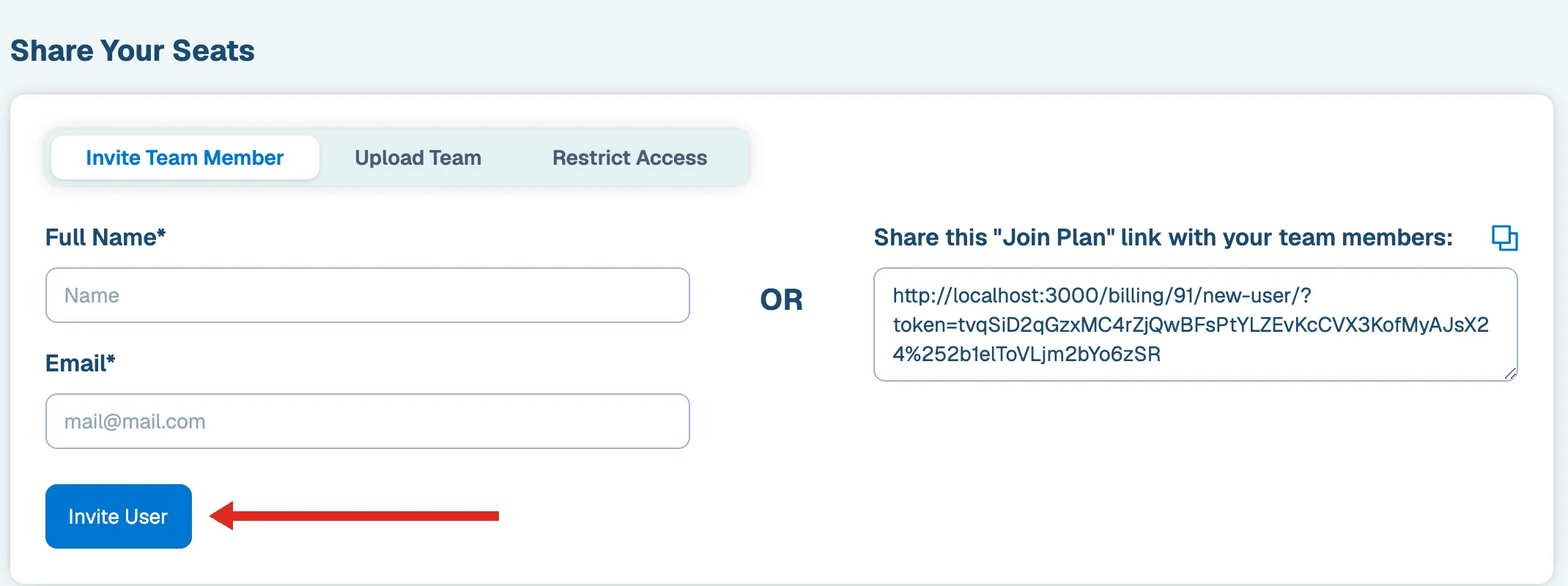 Invite button for adding a user without a seat