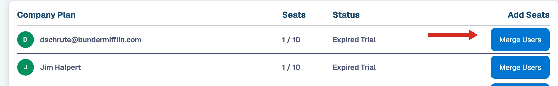 Merge Users button on the Seats page