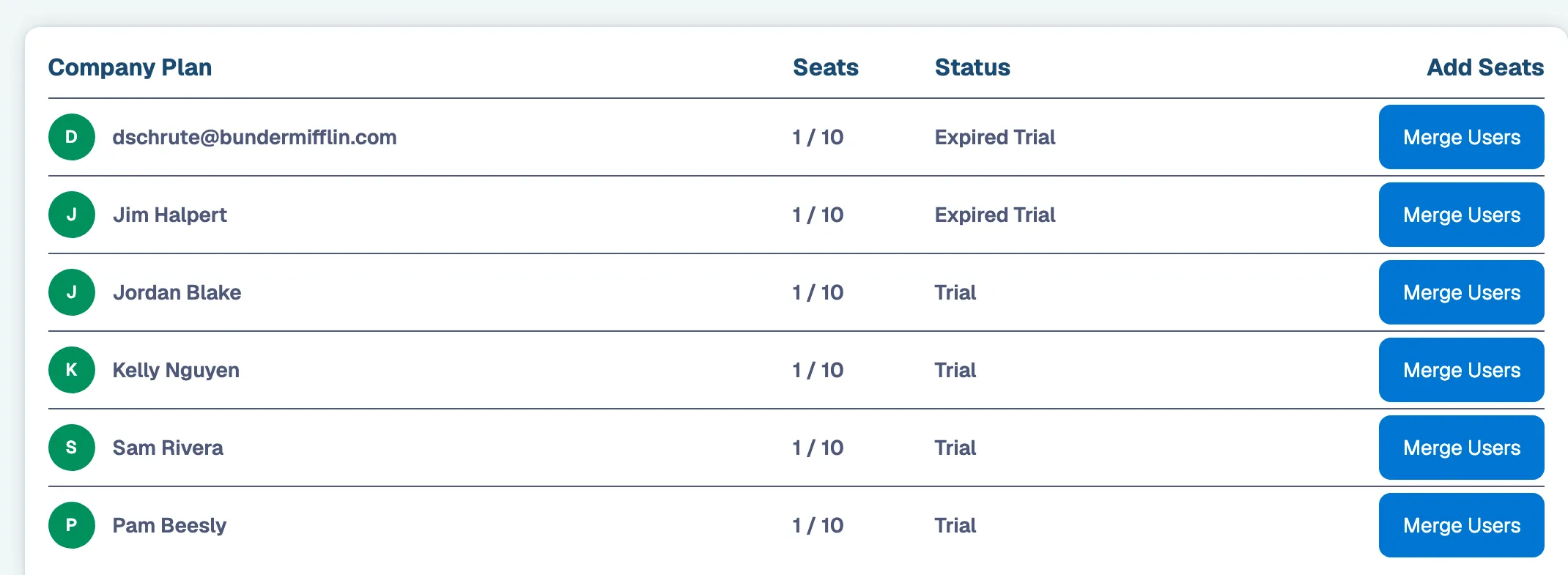 Merge Plans with Mine and Users Without a Seat sections on the Seats page