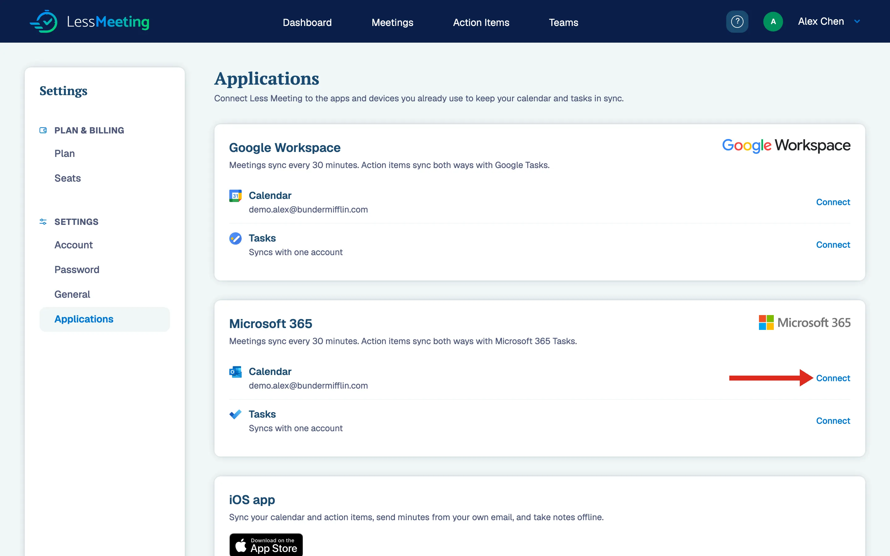 Connecting Microsoft 365 from the Applications settings page
