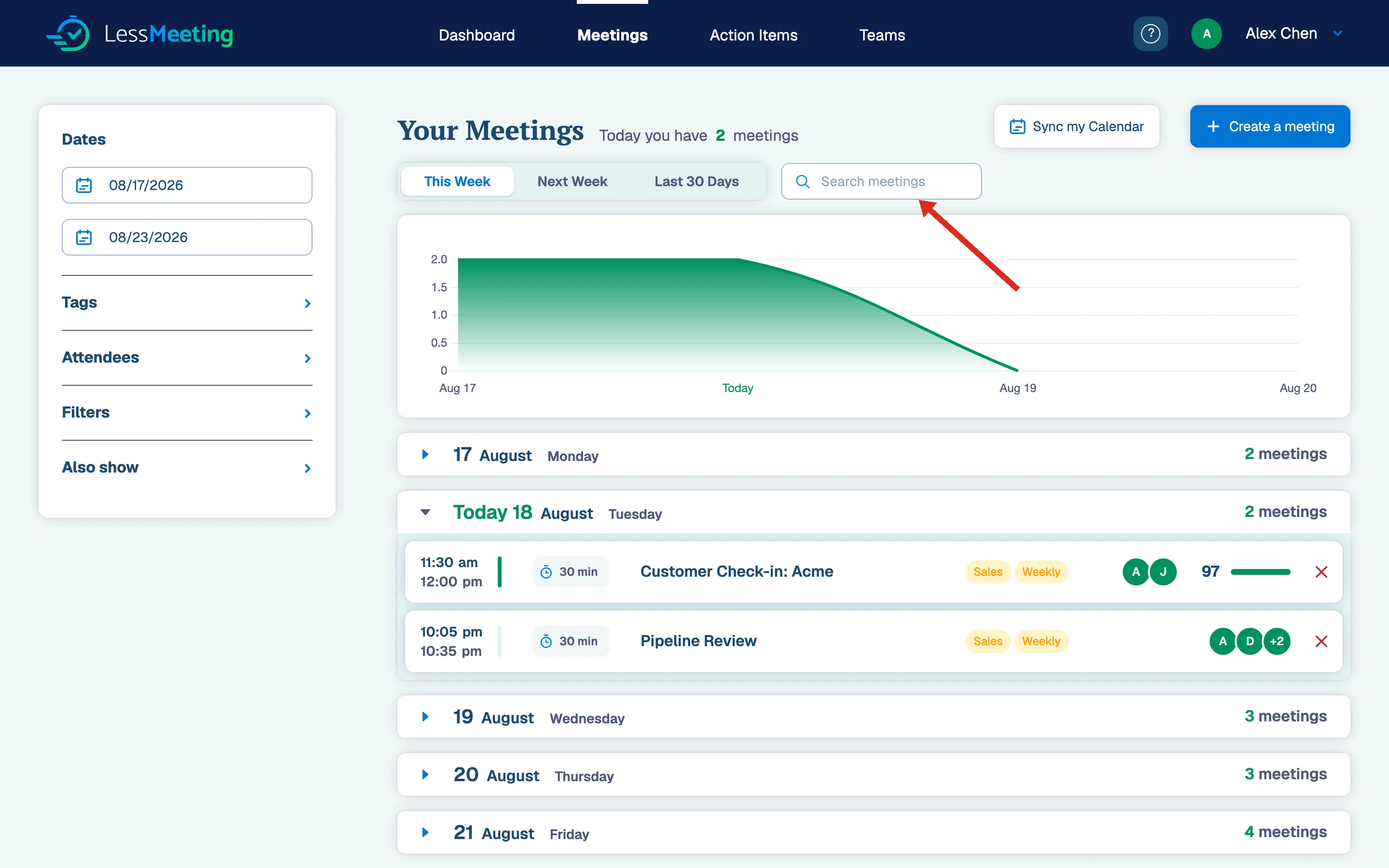 Meetings page search box with filter options for finding past meetings