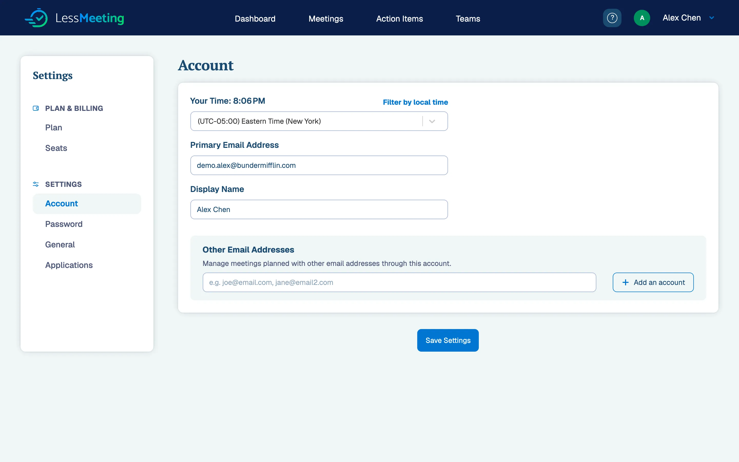 Account settings section for managing multiple email accounts