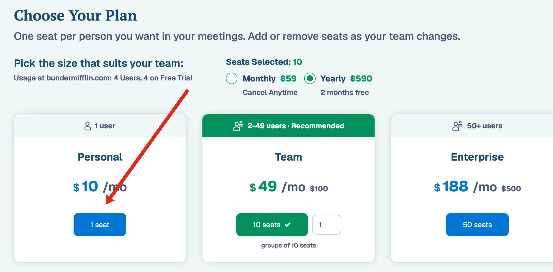 Choose Your Plan page with the Personal plan and 1 seat option selected