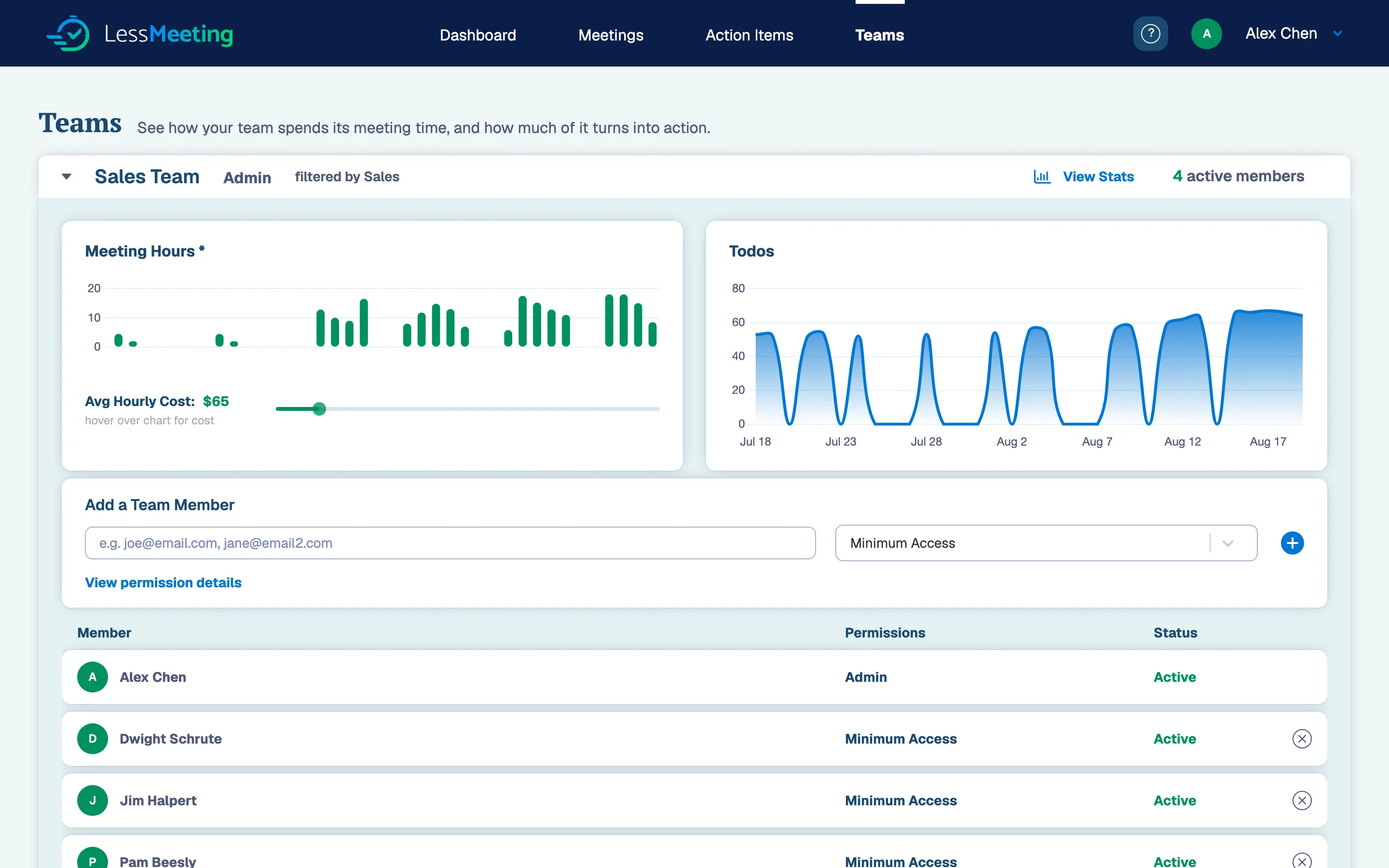 Teams page showing a team with its filter tag and members