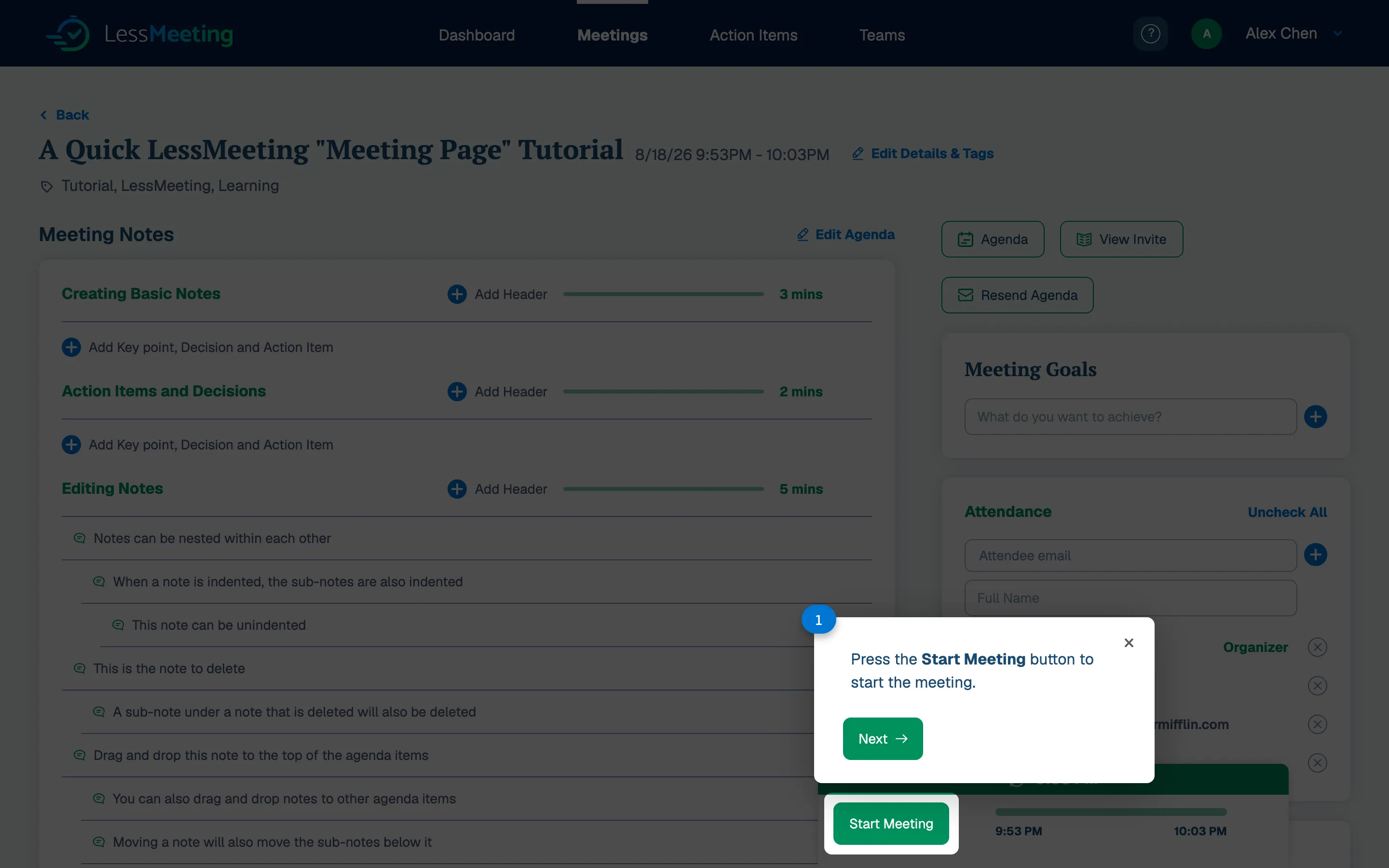 Interactive tutorial meeting on the dashboard