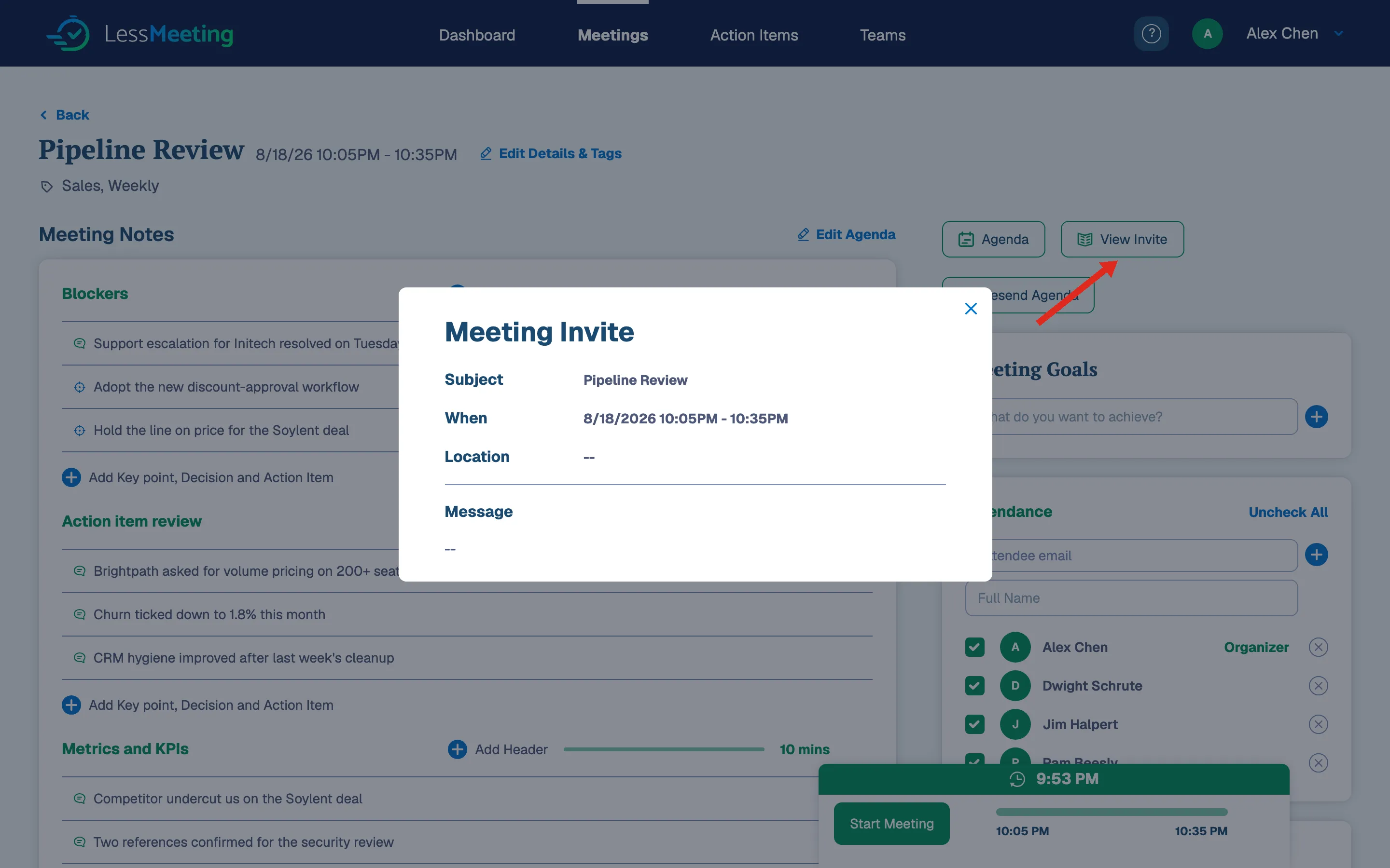 Meeting Invite popup showing the subject, time, and message