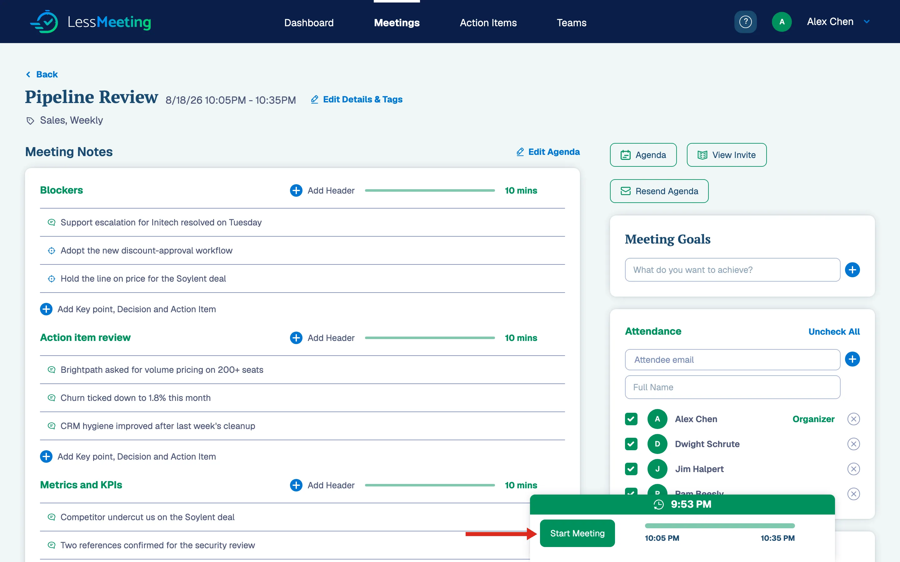 Start Meeting button in the timer bar at the bottom of the meeting page