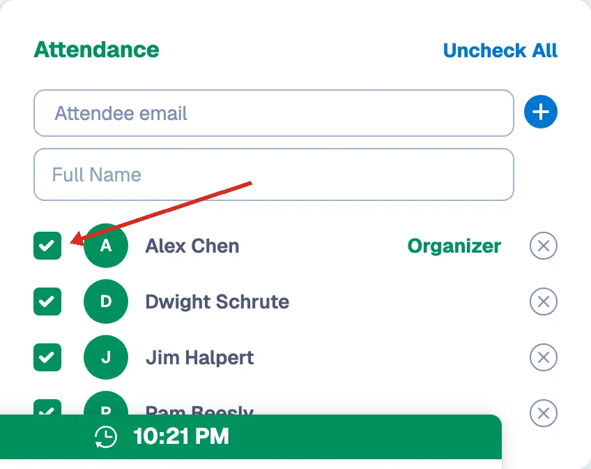 Attendance panel with attendee checkboxes and an add-attendee field
