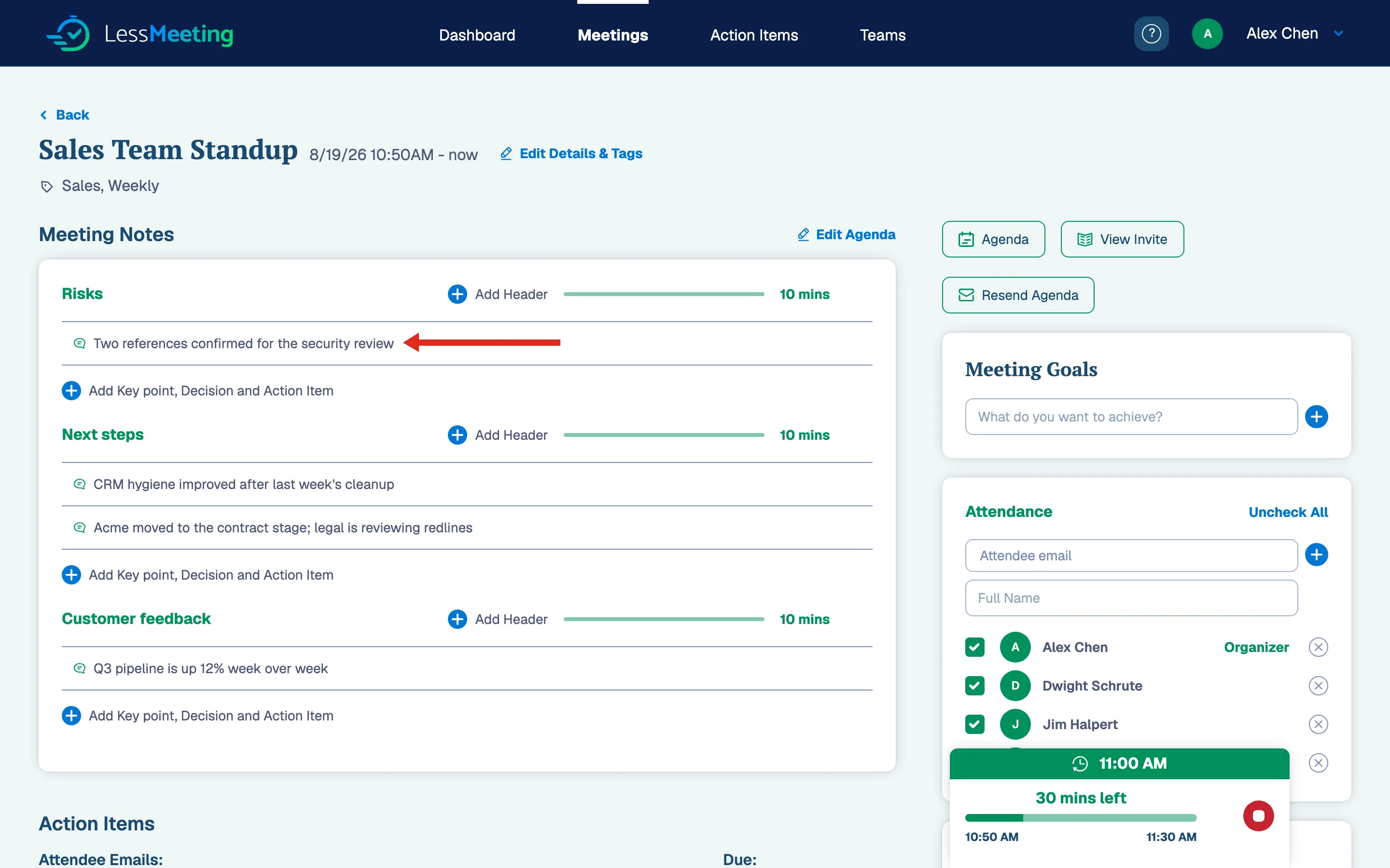 Live meeting page with the timer running and notes under each agenda item