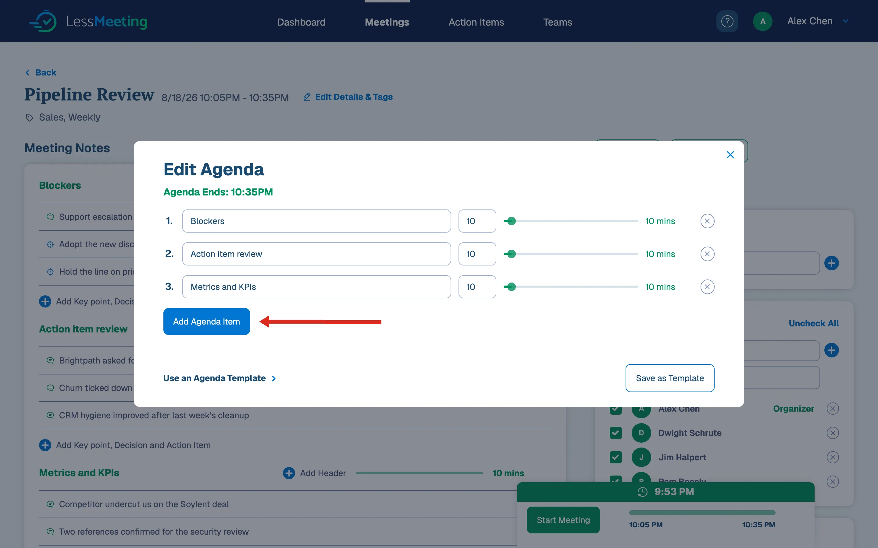 Edit Agenda dialog for adding, reordering, and timing agenda items