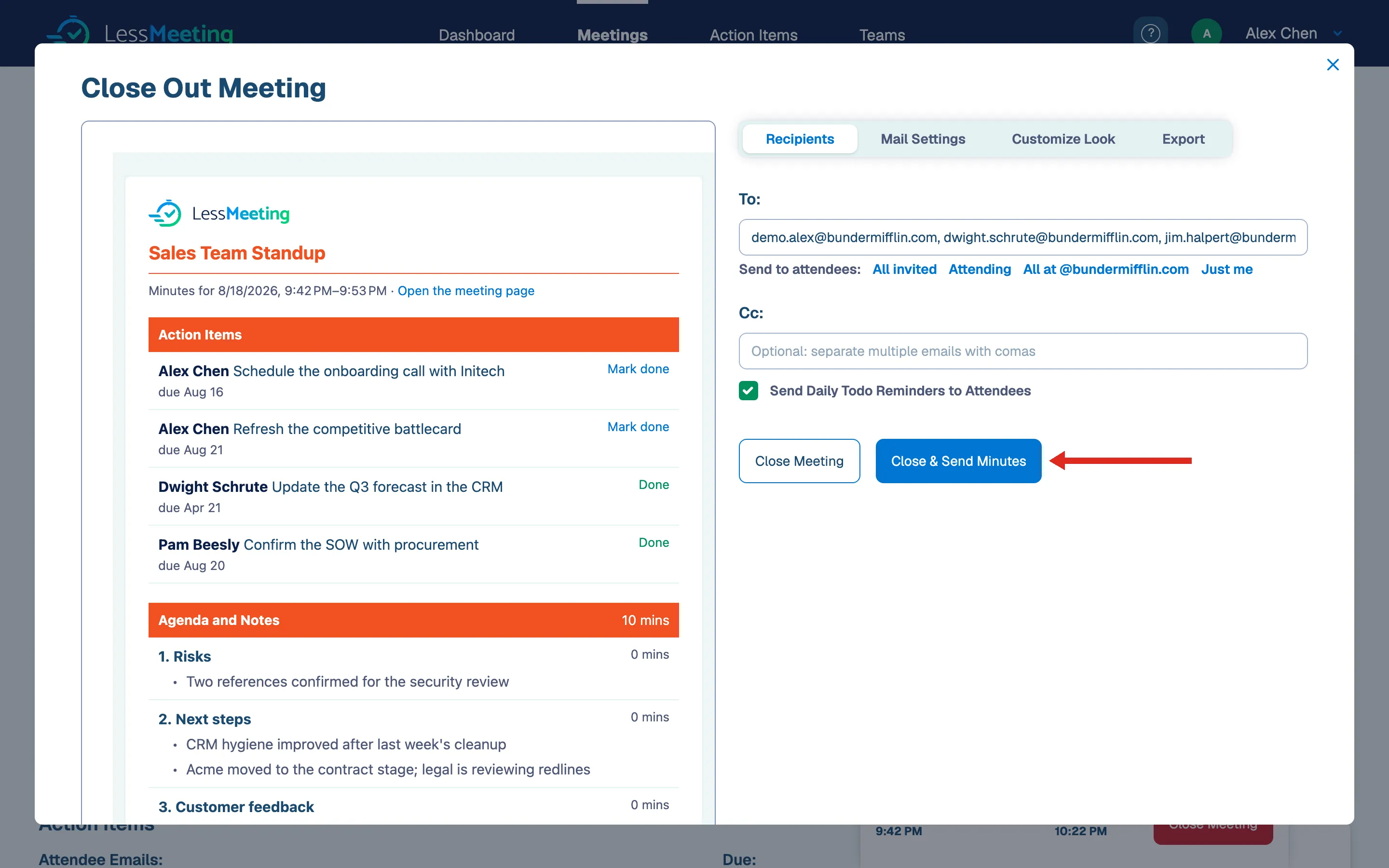 Close Out Meeting dialog for emailing the minutes