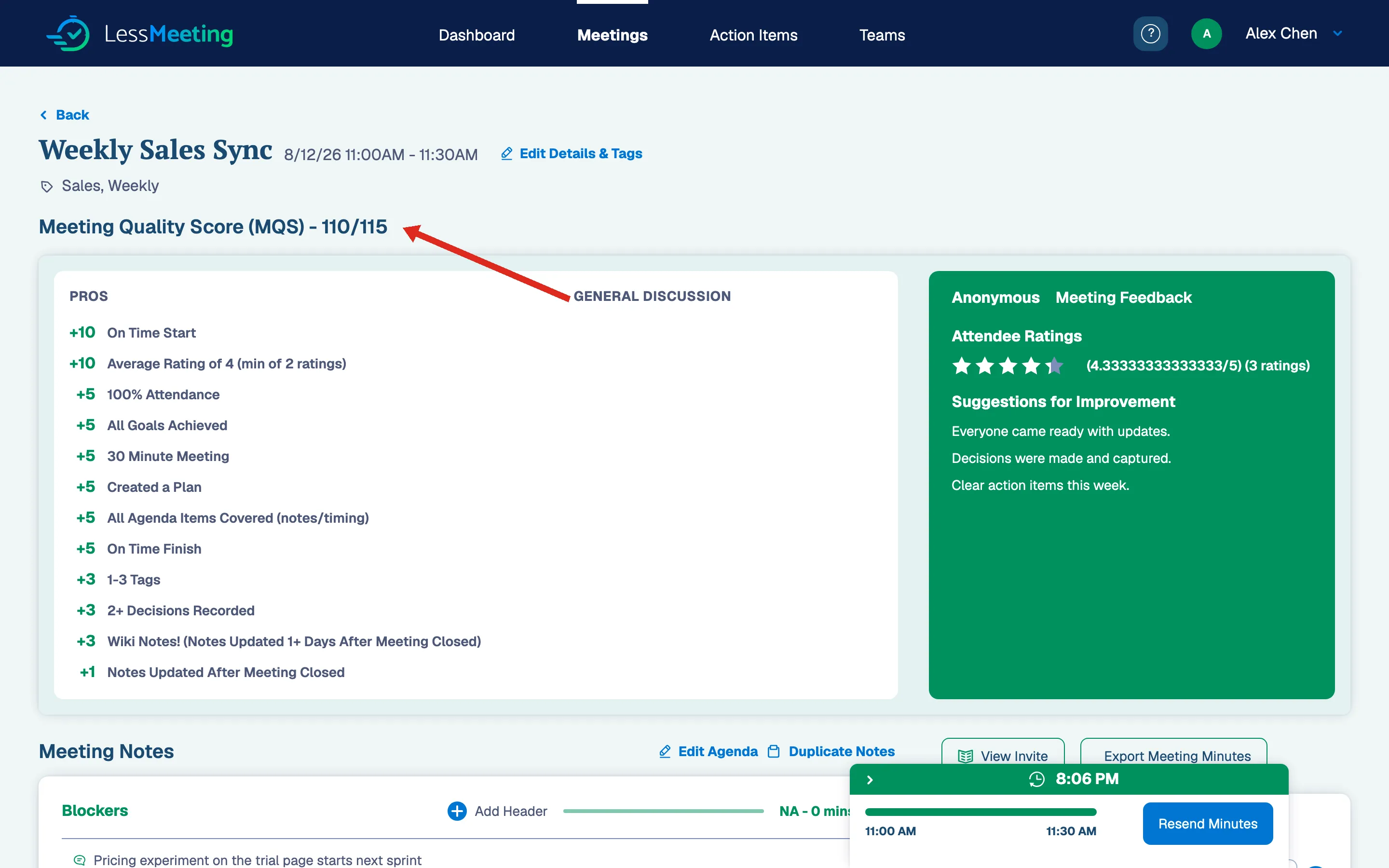Meeting Quality Score breakdown shown on the meeting page after closing