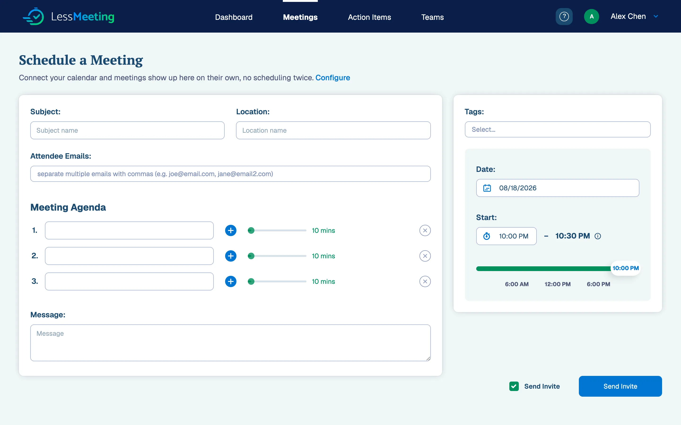 New meeting form for adding an agenda on the Less Meeting site