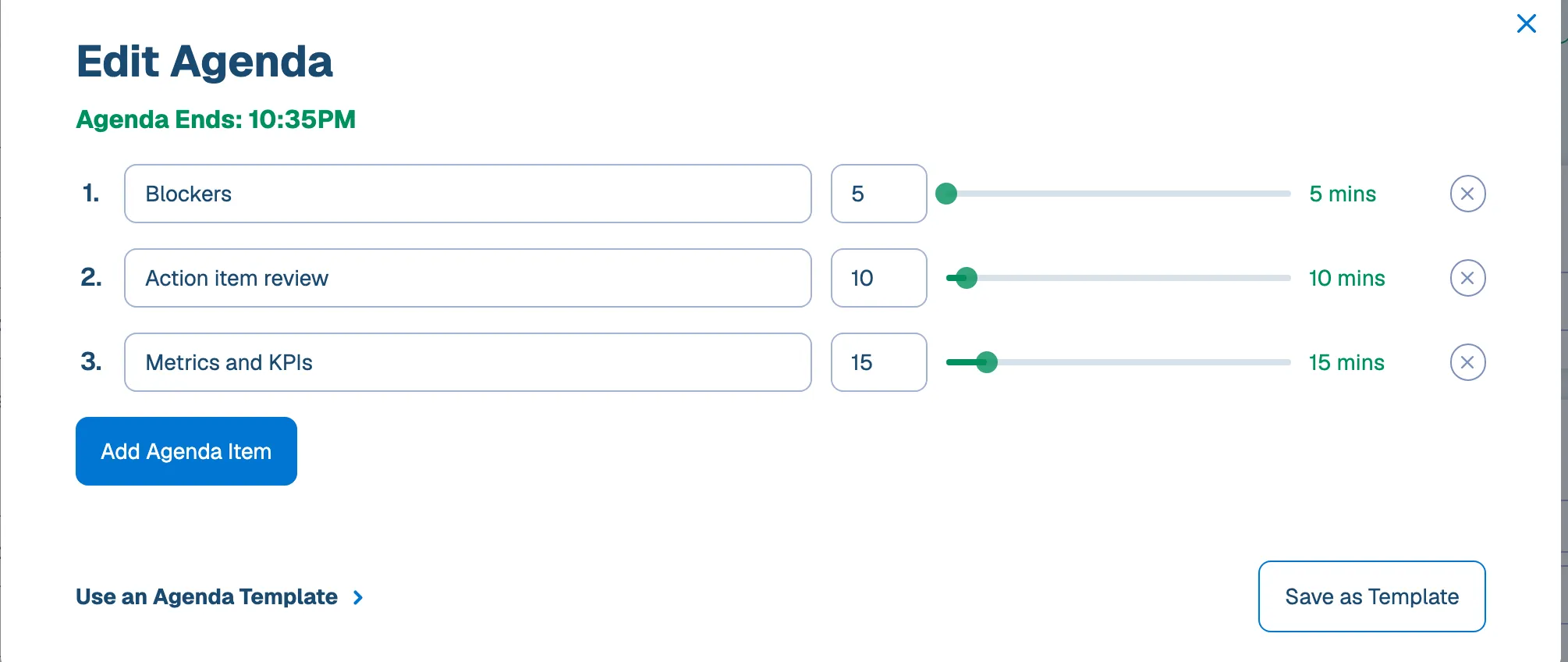 Building a timed agenda with per-topic minutes and a saved template