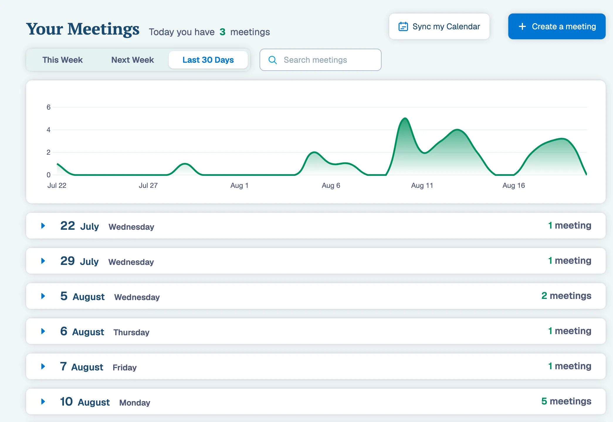 The Your Meetings view with a Sync my Calendar button and meetings grouped by day