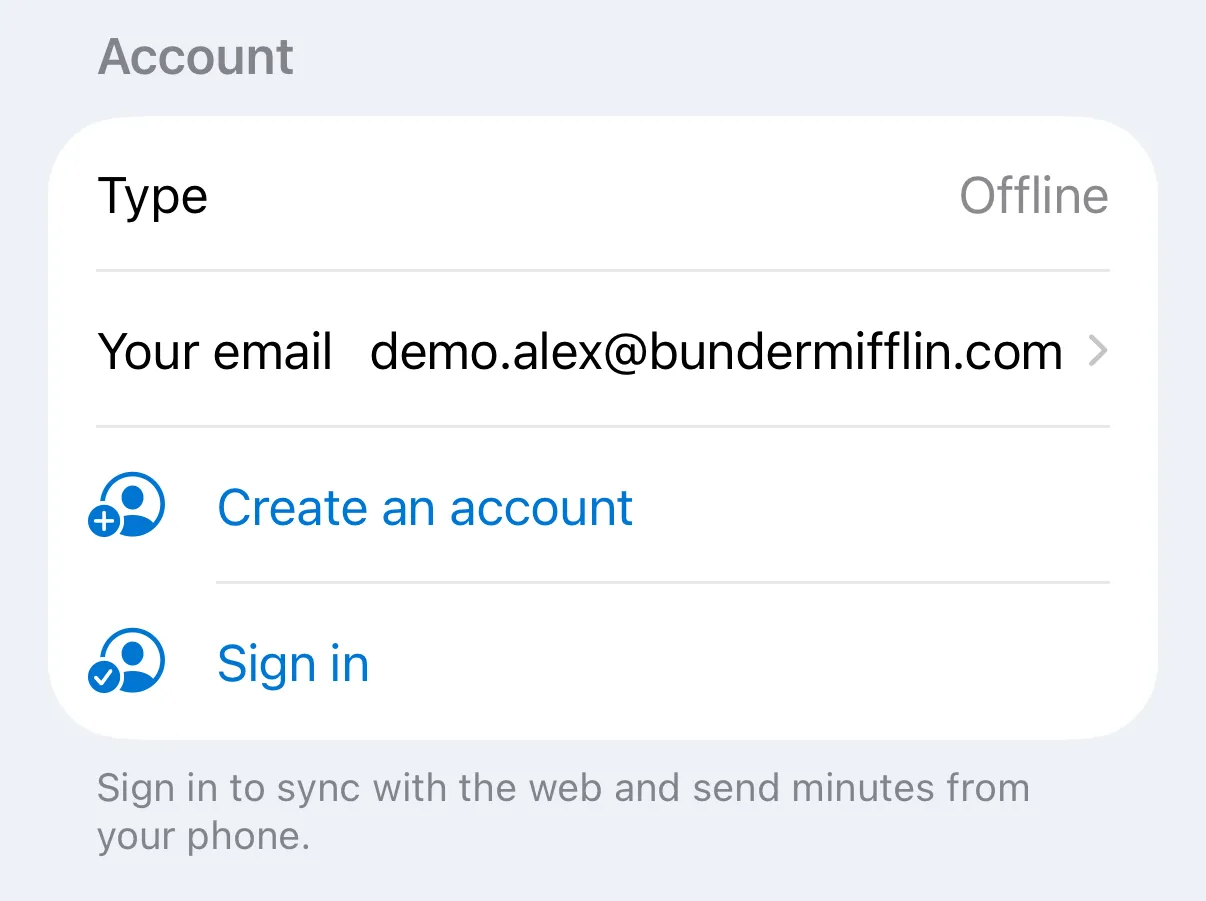 The Account section of the mobile app Settings tab, with Sign in
