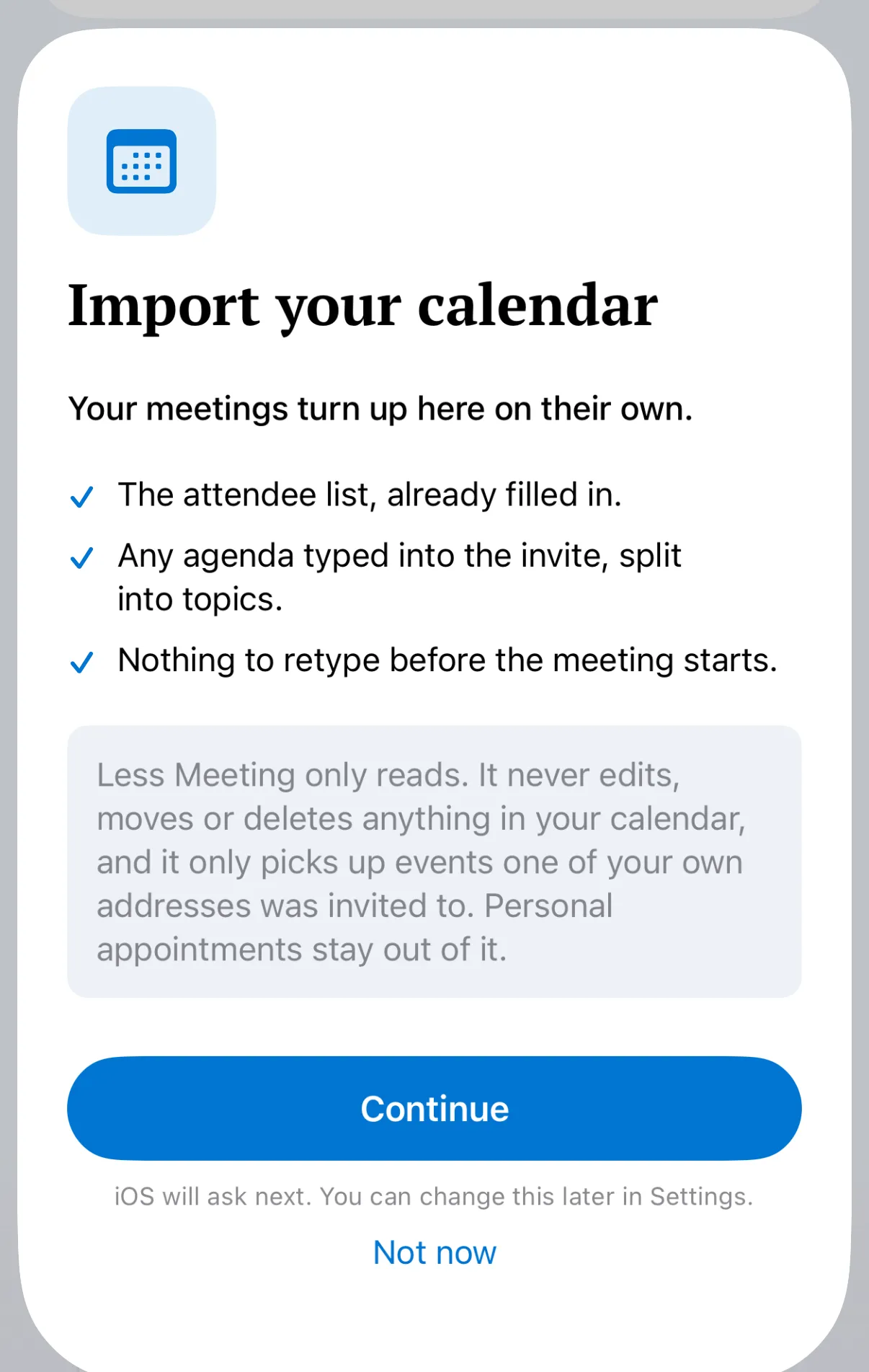 Importing your device calendar in the Less Meeting app