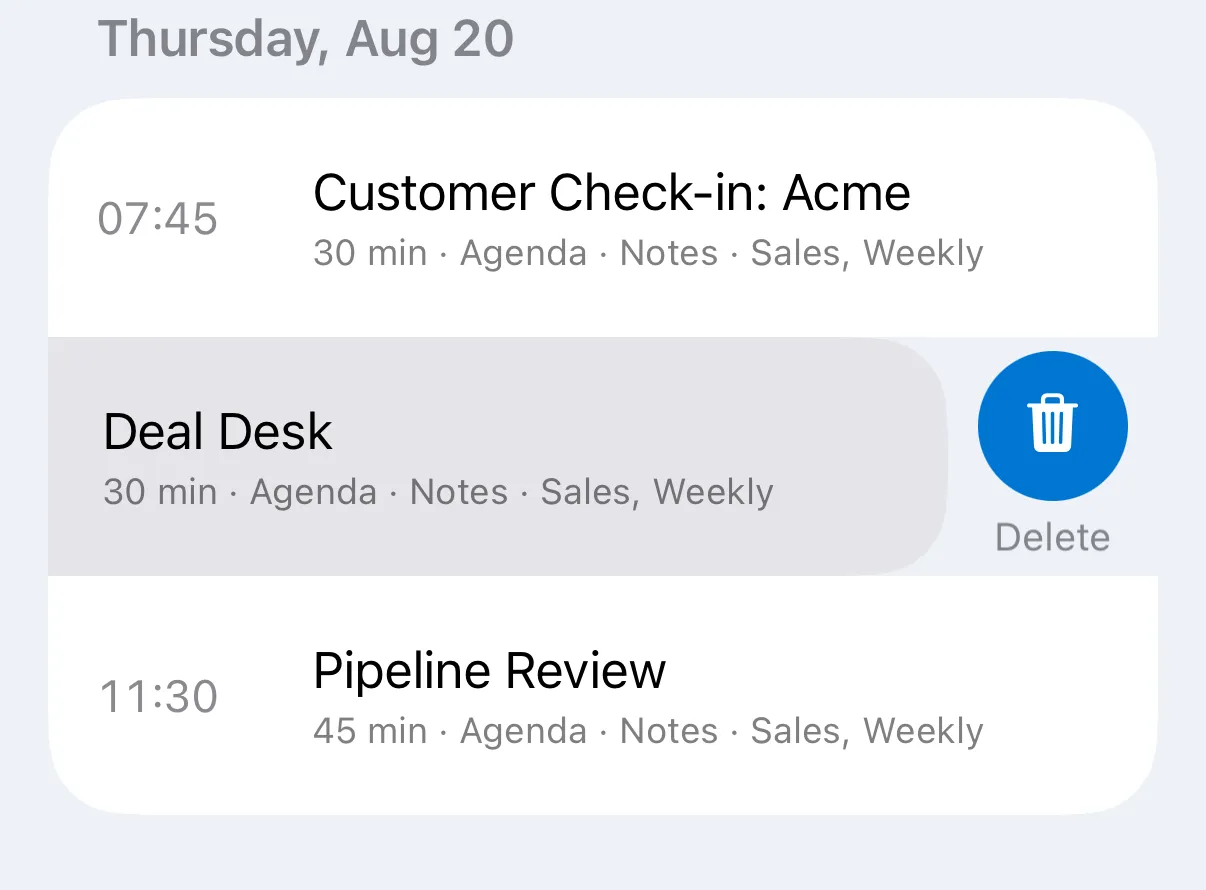 Swiping a meeting to delete it in the Less Meeting mobile app
