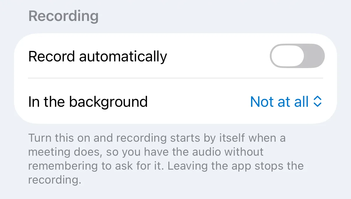 The Record automatically setting in the Settings tab