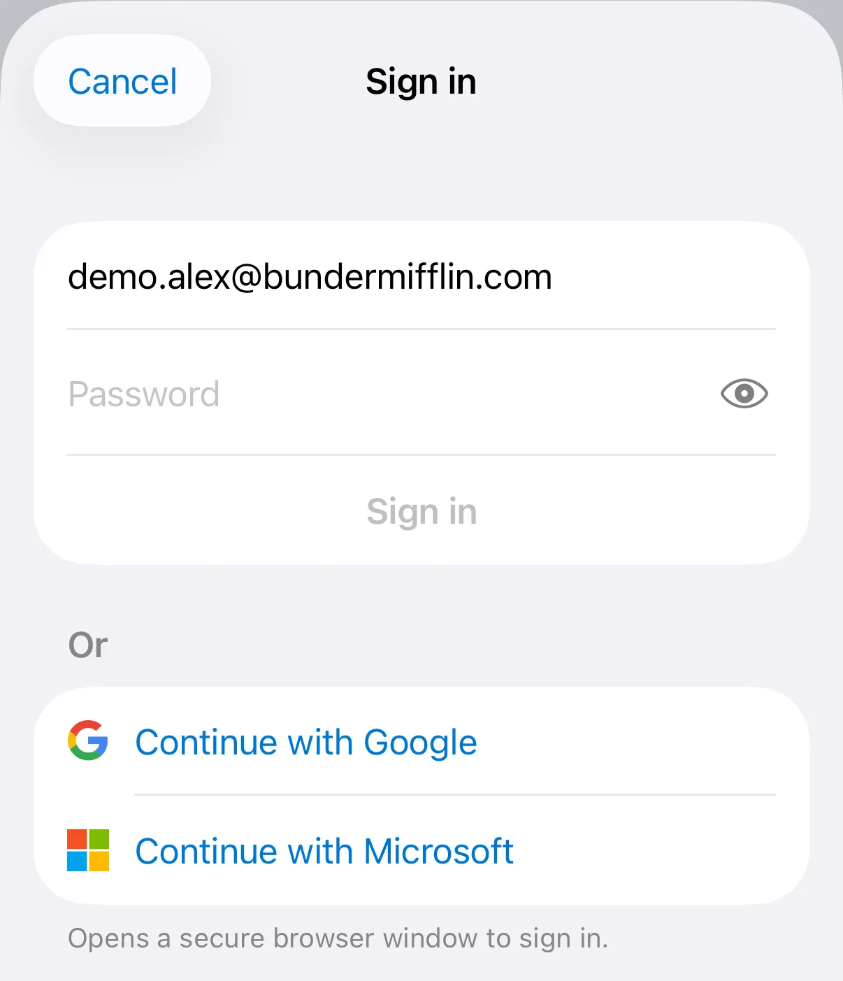 The mobile sign-in screen for entering your web email and password
