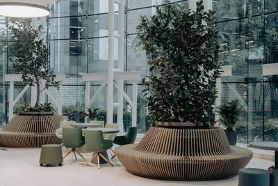 A glass-walled office atrium with armchairs and small tables arranged around large circular planters holding trees